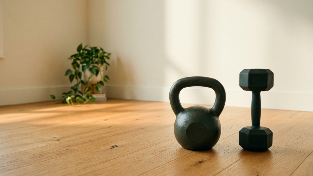 A kettlebell and a hex dumbbell standing on a wooden floor in a bright home gym