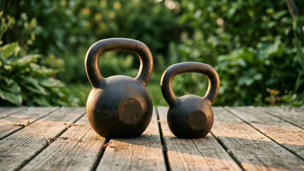 Two cast-iron kettlebells on a wooden deck with a green garden behind