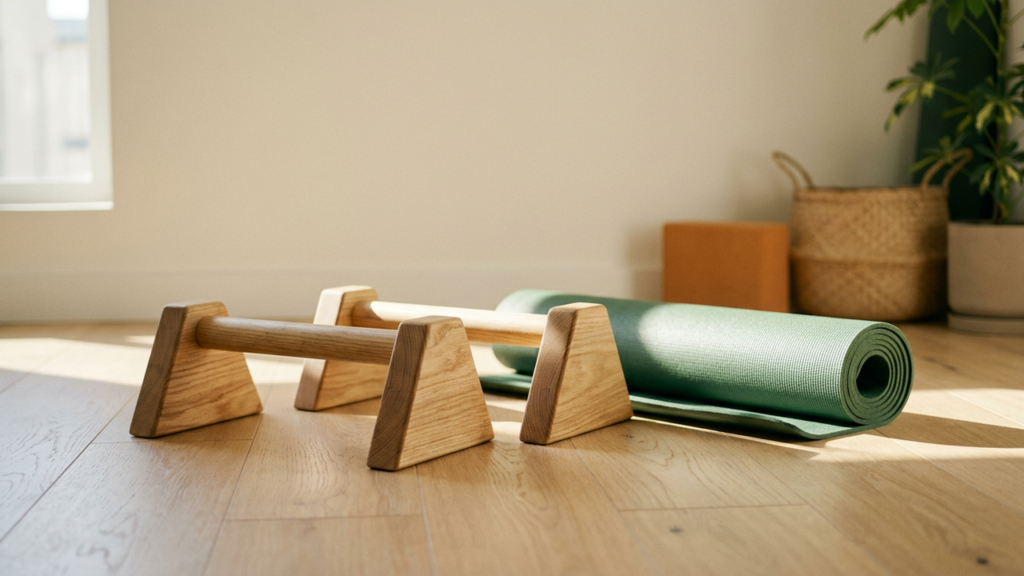 Wooden parallettes beside a rolled green exercise mat on a light oak floor