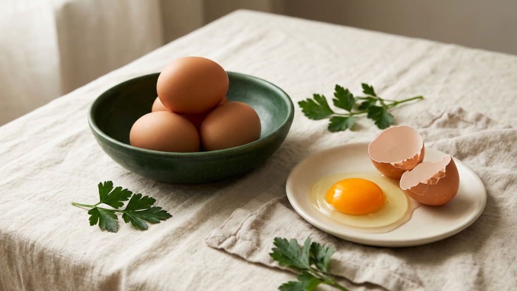 Brown eggs in a dark green ceramic bowl on cream linen, with one egg cracked open showing an orange yolk