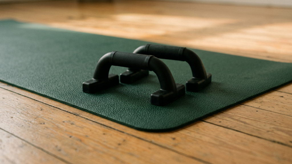 A pair of black push-up handles on a dark green exercise mat