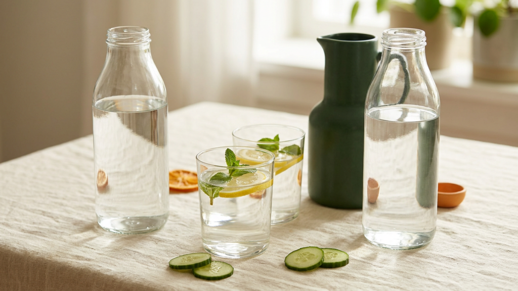 Glass water bottles, lemon and mint water and cucumber slices on a linen table for a daily water intake calculator