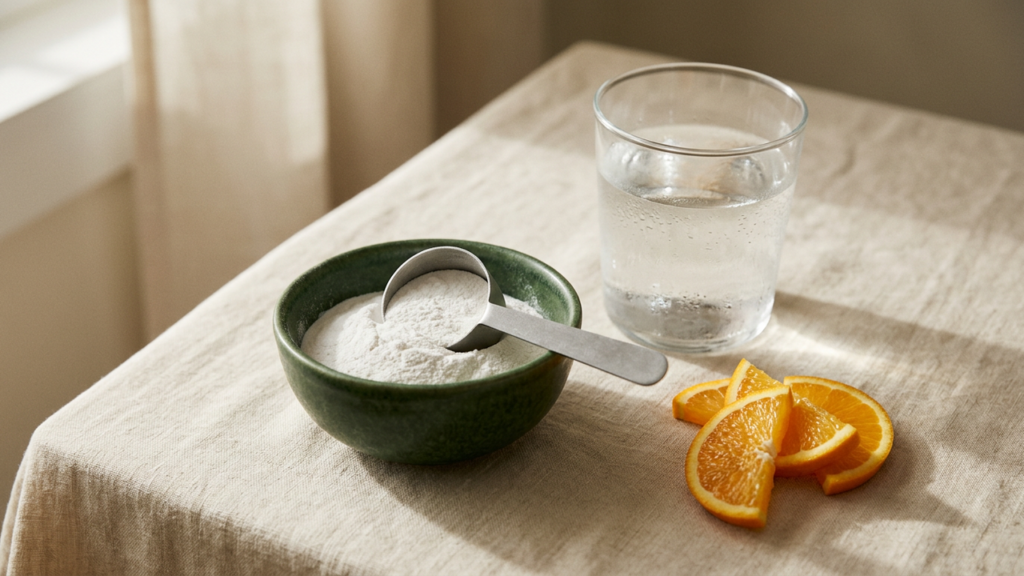 White creatine powder in a green bowl with a measuring scoop beside a glass of water and orange slices on cream linen