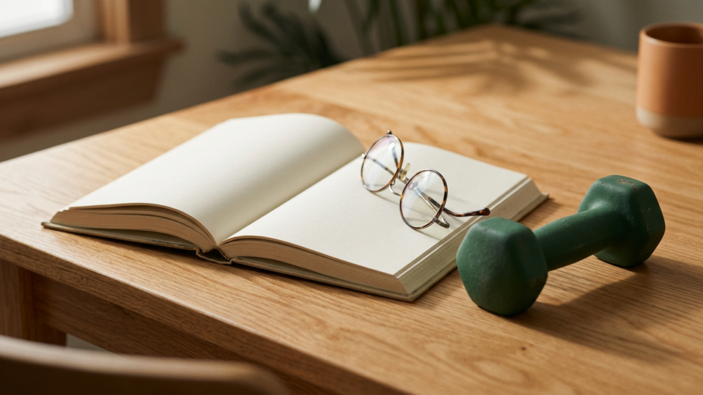 An open book, reading glasses and a small dumbbell on a wooden desk in soft light