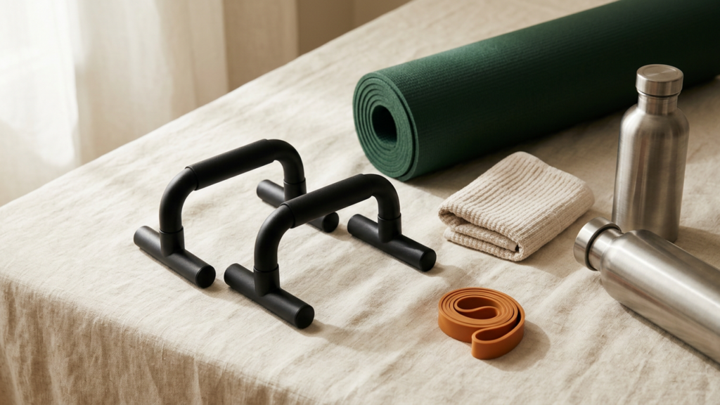 Push-up handles, a resistance band and a rolled green exercise mat for a home push-up workout