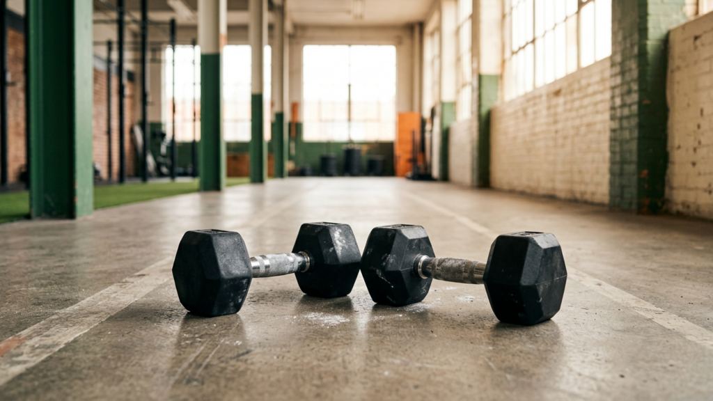 Two heavy dumbbells with chalked handles on a concrete floor in a long warehouse gym