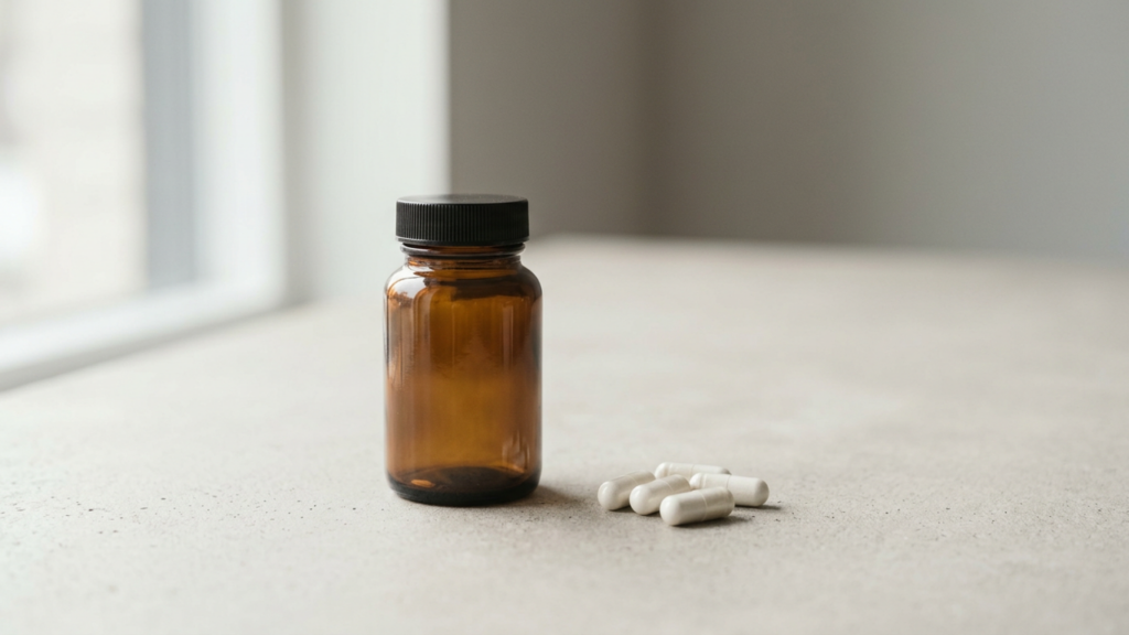 Plain white supplement capsules and a small amber glass bottle on a pale concrete surface in soft window light