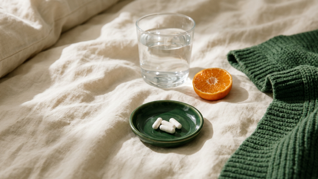 White magnesium capsules in a green dish beside a glass of water and a halved clementine on cream bed linen