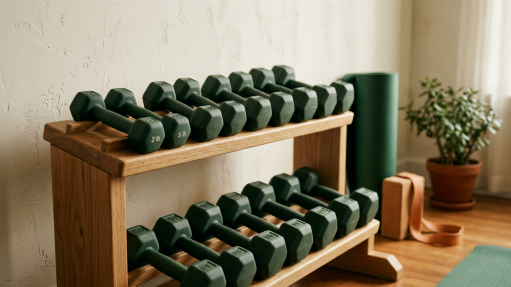A wooden rack of green hex dumbbells in pairs against a cream wall in a home gym