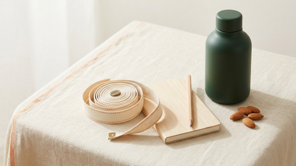 Fabric measuring tape, notebook and water bottle on a linen table for a body fat percentage calculator
