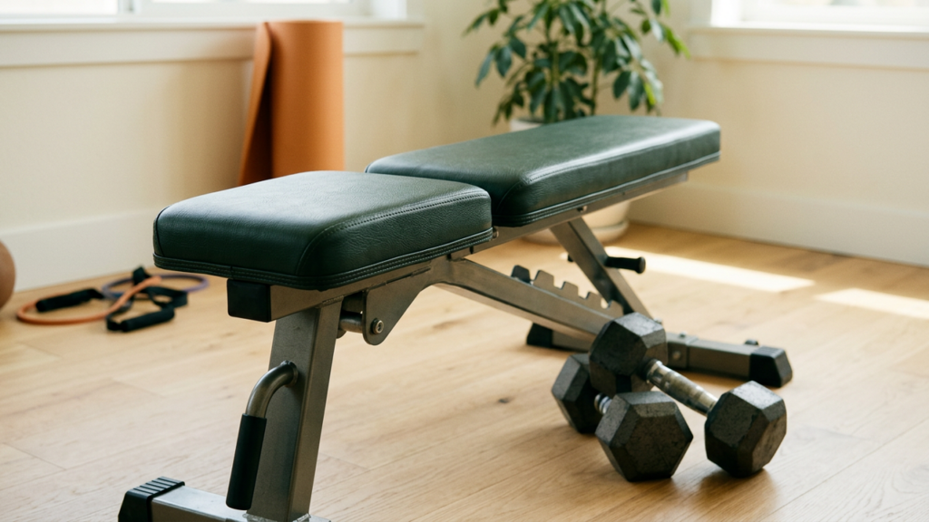 An adjustable weight bench with a pair of hex dumbbells beside it in a bright home gym