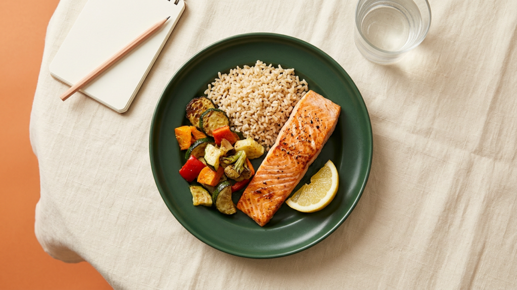 Balanced meal of salmon, brown rice and roasted vegetables with a notebook for planning daily calories