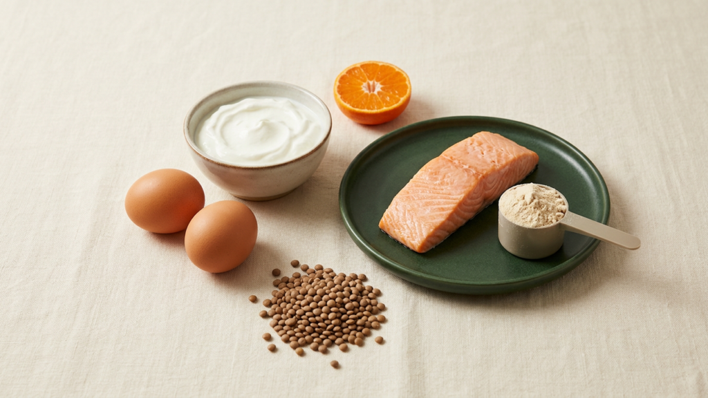 High-protein foods for building muscle: Greek yogurt, eggs, salmon, lentils and a scoop of protein powder on cream linen