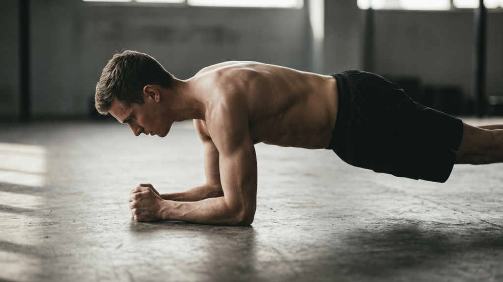 A person holding a forearm plank on a bare concrete floor, viewed from the side in window light