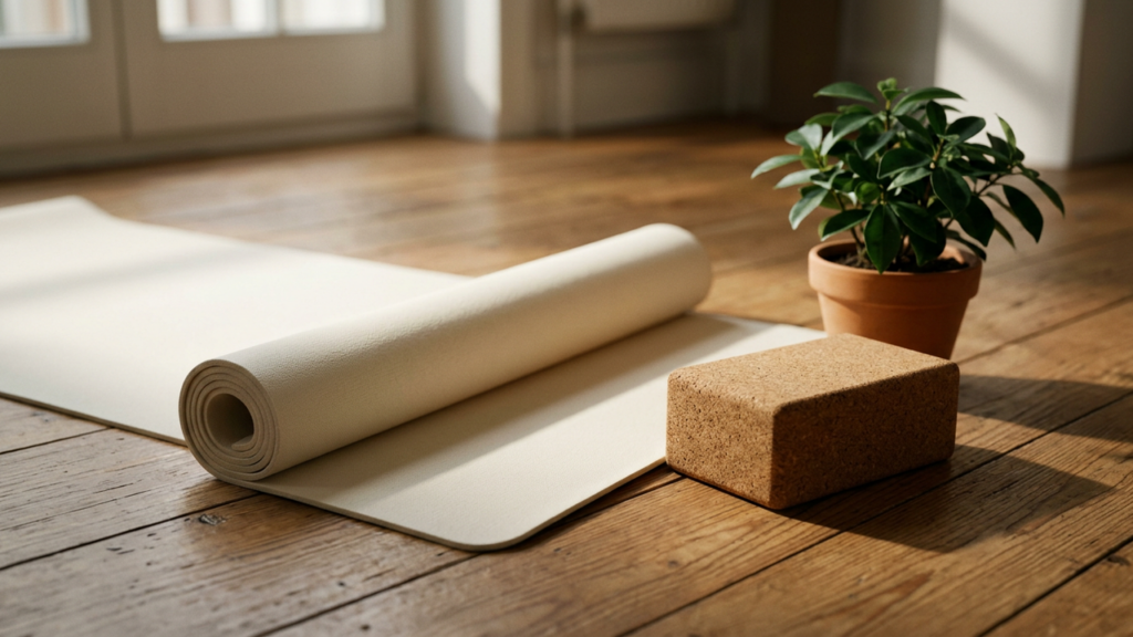 A cream yoga mat half unrolled beside a cork yoga block and a potted plant