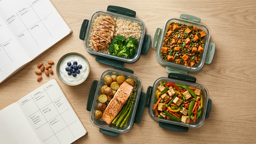 Four glass meal-prep containers of chicken and rice, lentils and sweet potato, salmon and potatoes, and tofu stir-fry beside a yogurt bowl and a weekly planner
