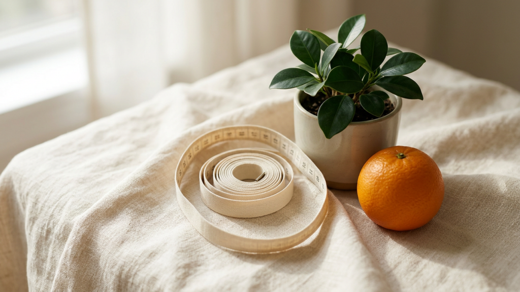 A cream tape measure coiled on linen beside a green plant and an orange, illustrating waist-to-height ratio