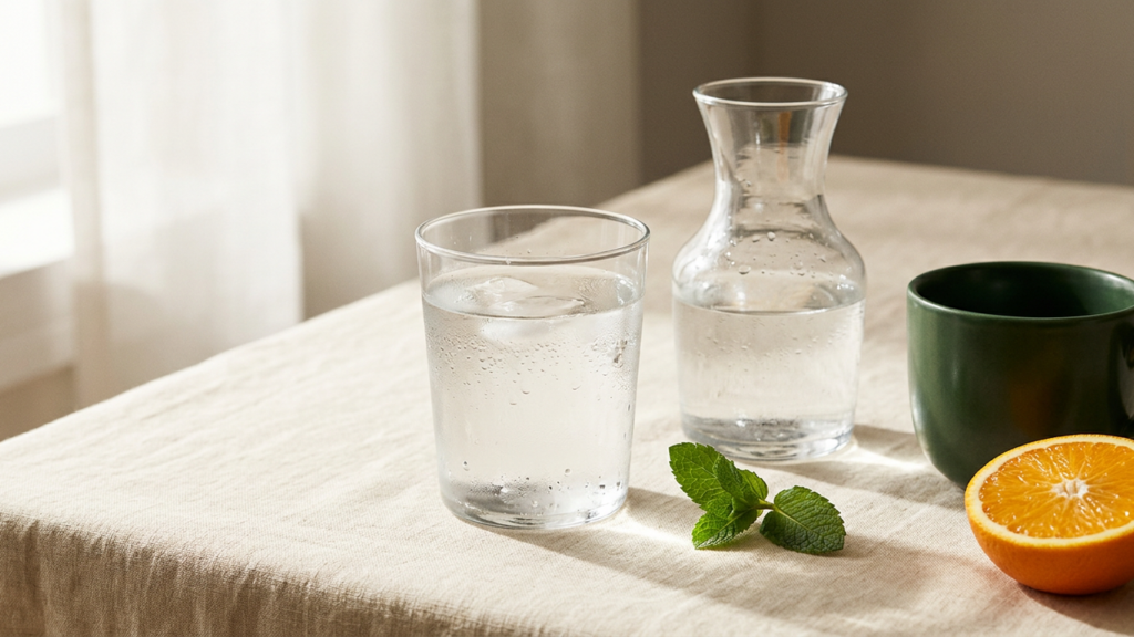 A glass of water and carafe on cream linen beside a green cup, mint leaves and a halved orange