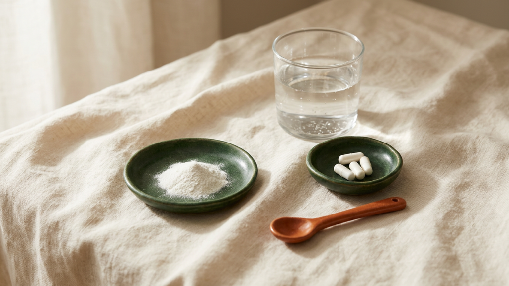 White magnesium capsules and powder in two green dishes beside a glass of water on cream linen
