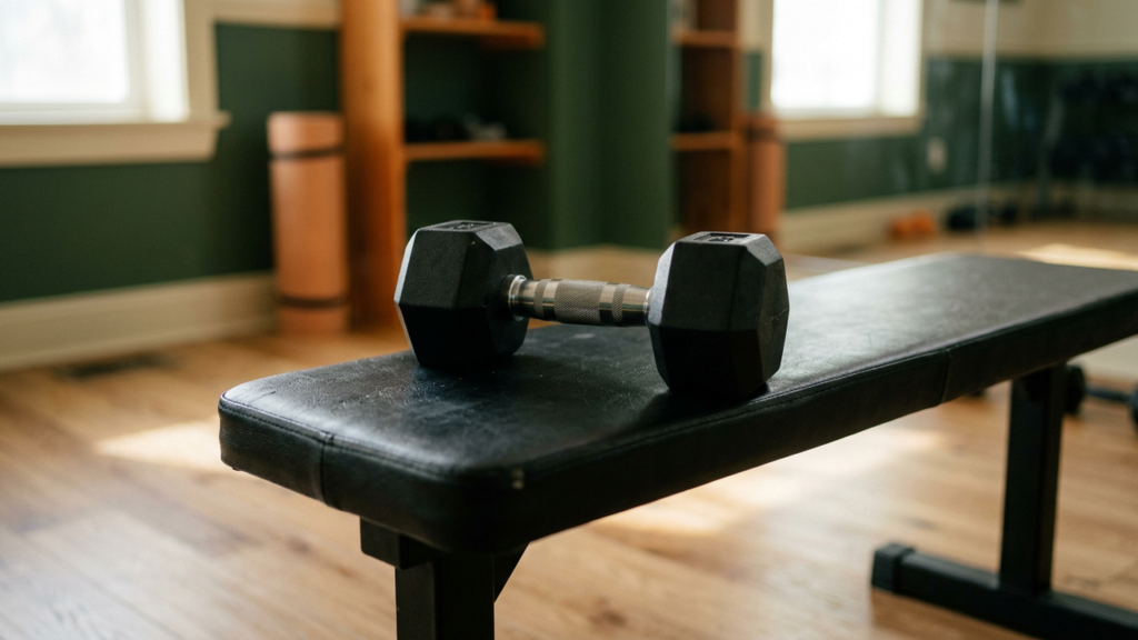 A single hex dumbbell resting on a flat weight bench in a home gym