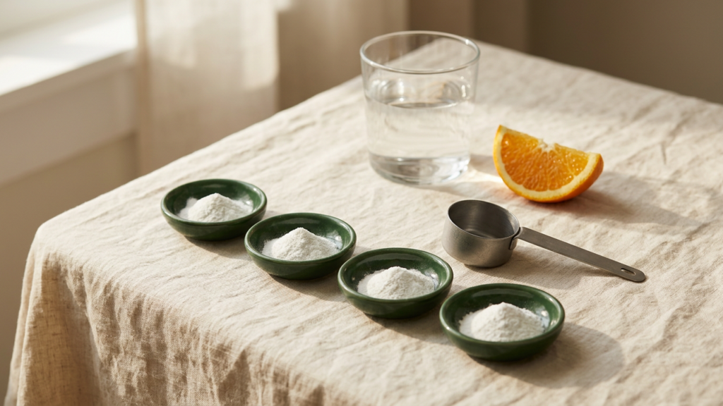 Four small green dishes of white creatine powder in a row beside a measuring scoop, a glass of water and an orange wedge on cream linen